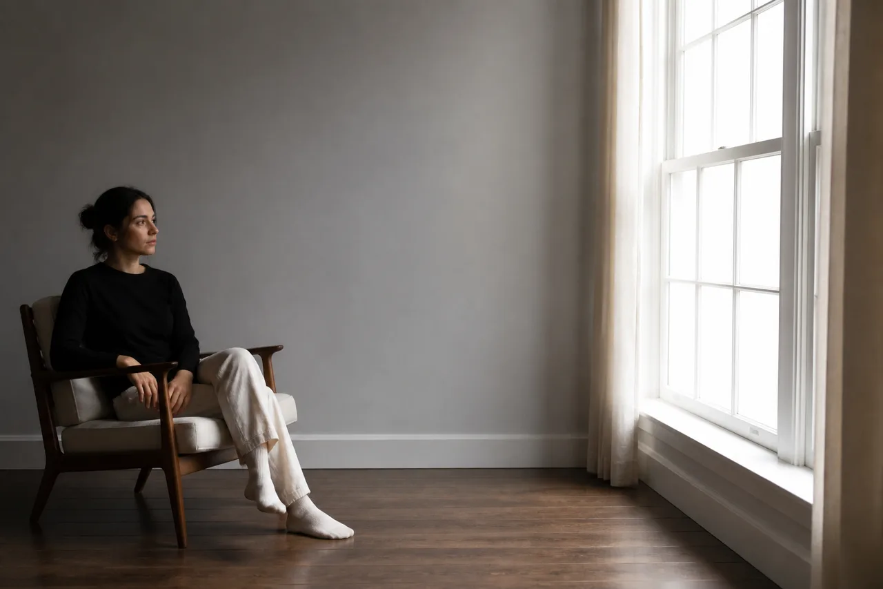 Minh họa cho “cân bằng bất đối xứng”: A person on the left balanced by a bright window on the right.