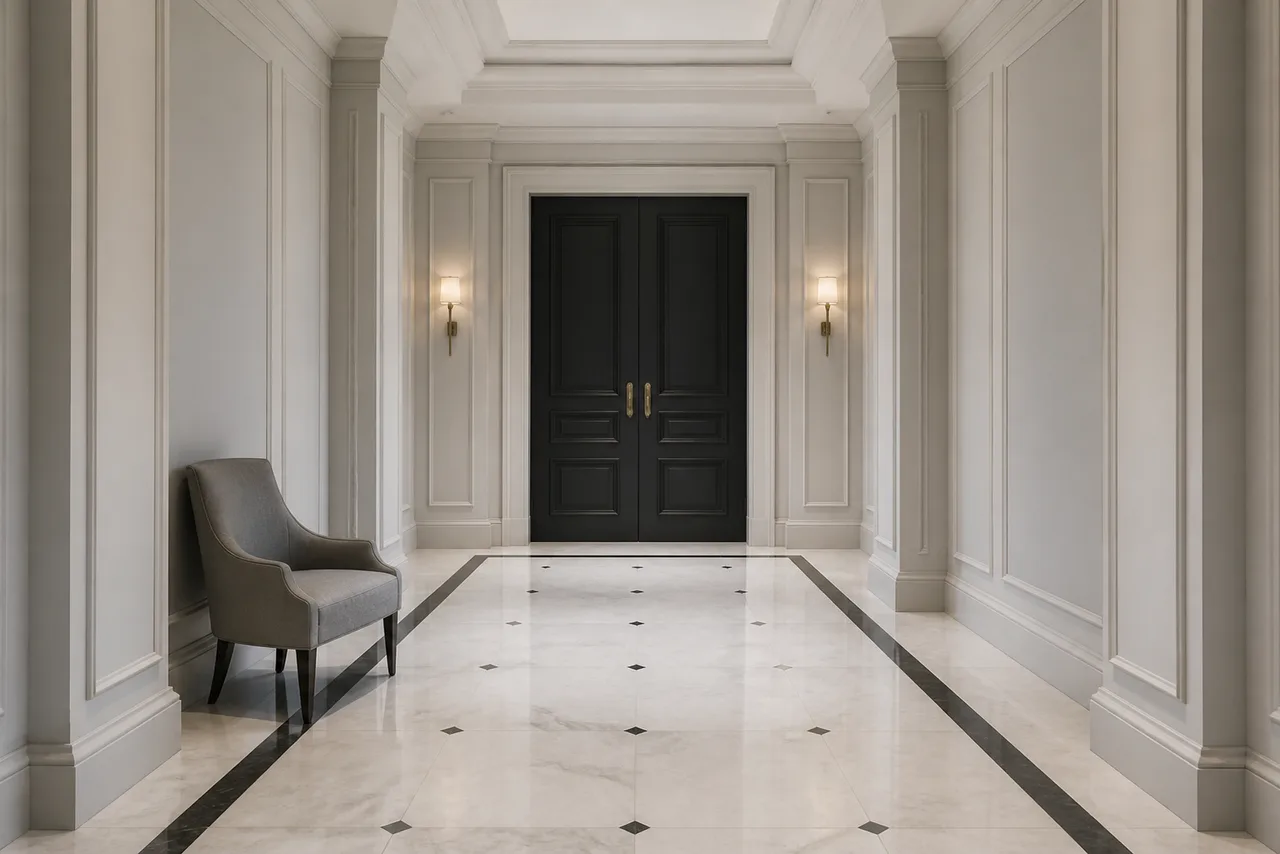 Minh họa cho “gần đối xứng”: A near-symmetric hallway with one chair offset.