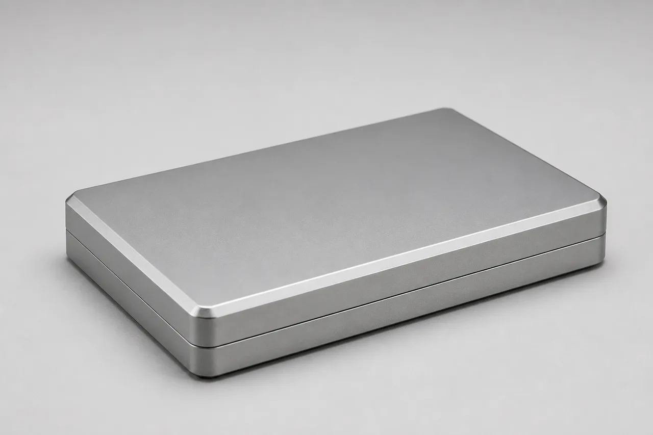 Minh họa cho “Biên và góc”: a rectangular metal case with narrow beveled edges.