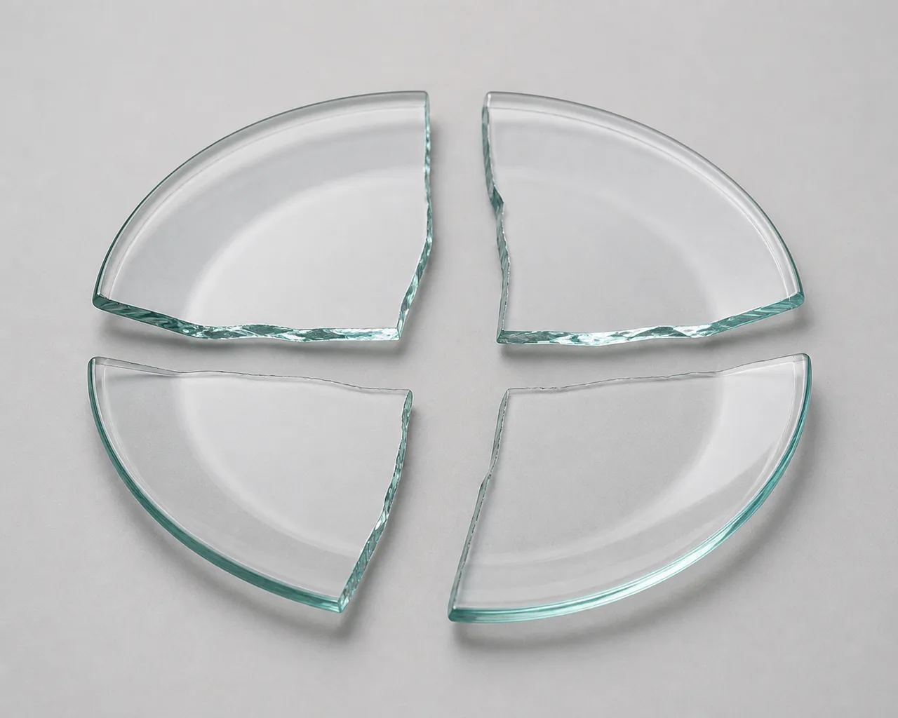 Minh họa cho “Độ toàn vẹn”: a glass plate broken into exactly four separate pieces.