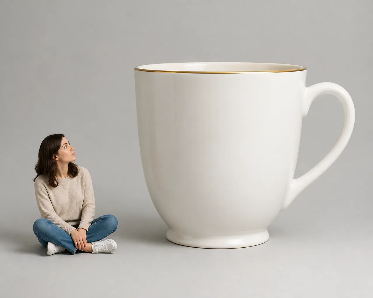 Minh họa cho “Tỷ lệ”: an oversized teacup three times taller than the seated person.