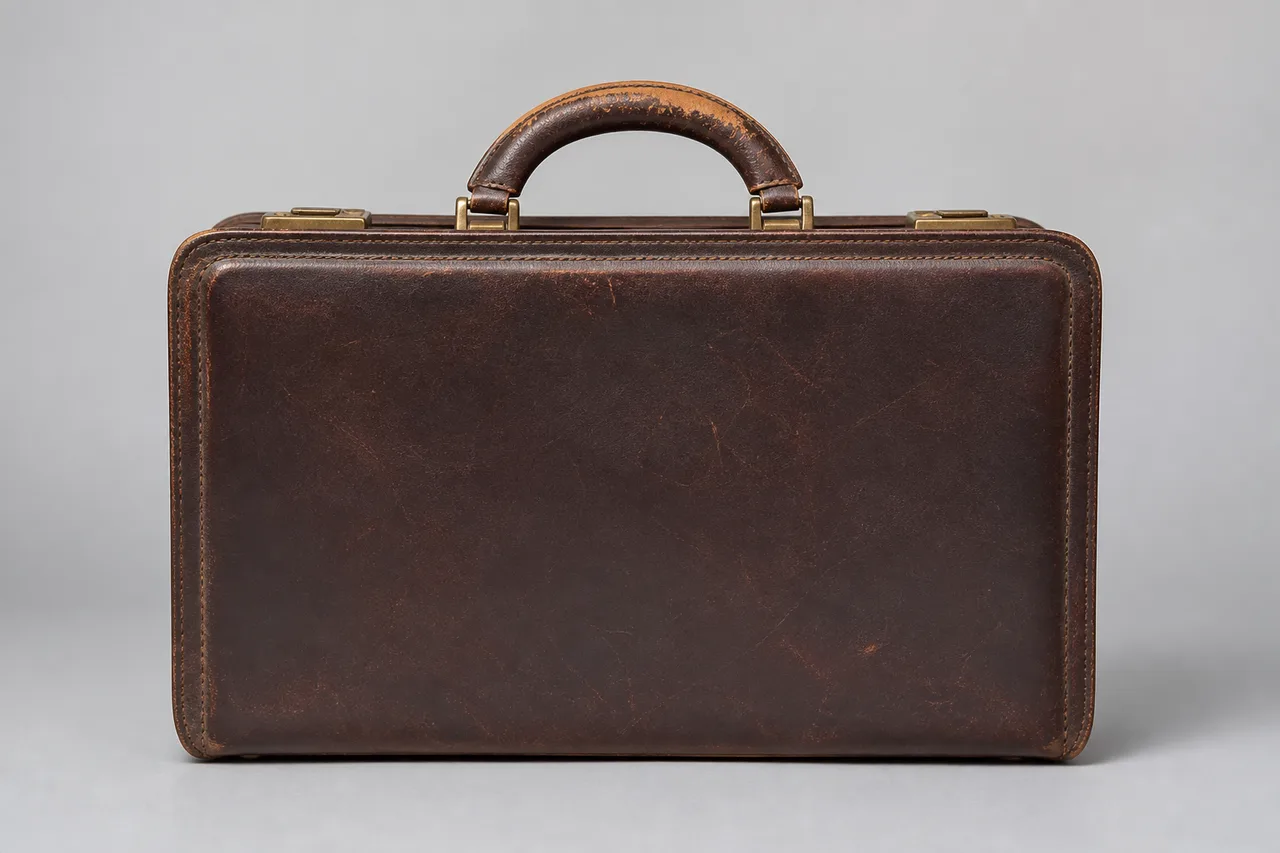 Minh họa cho “Vị trí hao mòn”: a leather case with wear concentrated around the handle.