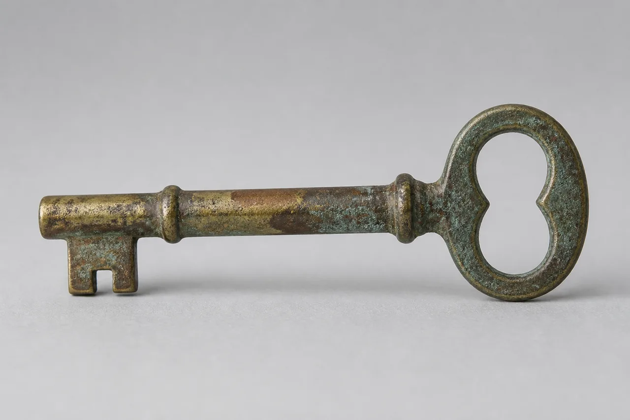 Minh họa cho “Dấu hao mòn”: an old brass key with an oxidized patina and worn edges.