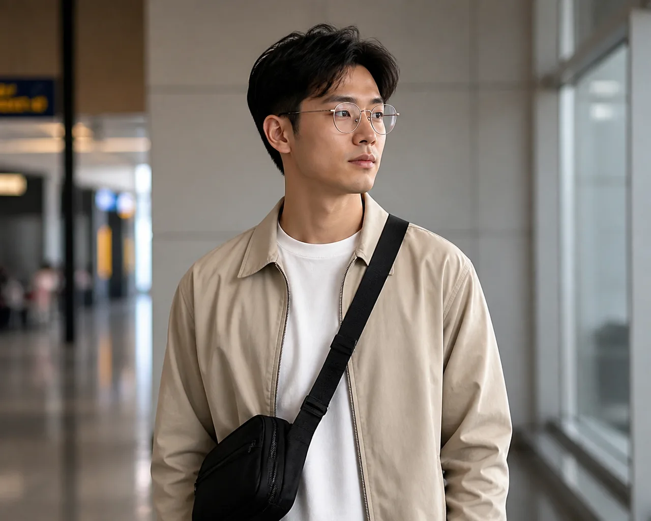 Minh họa cho “Phụ kiện”: a traveler wearing thin metal-frame glasses and a small crossbody bag.