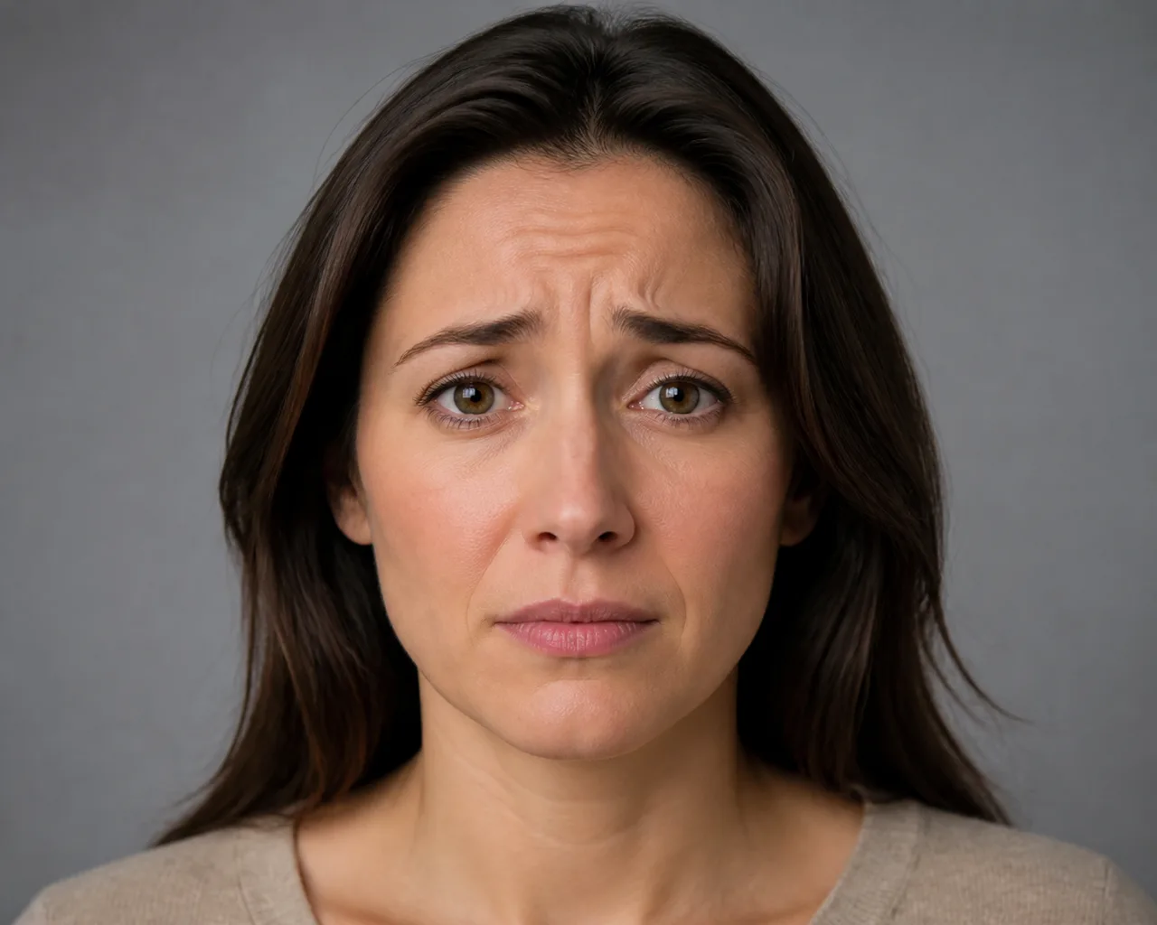 Minh họa cho “Biểu cảm lông mày”: raised inner brows suggesting visible concern.