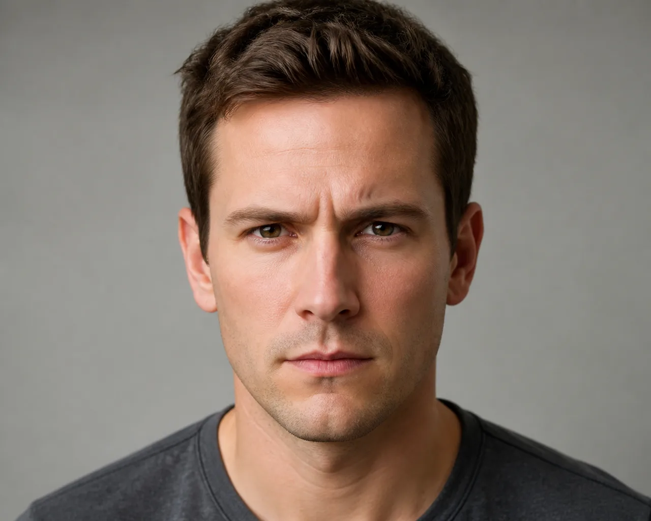 Minh họa cho “Biểu cảm”: a focused expression with gently furrowed brows and closed lips.
