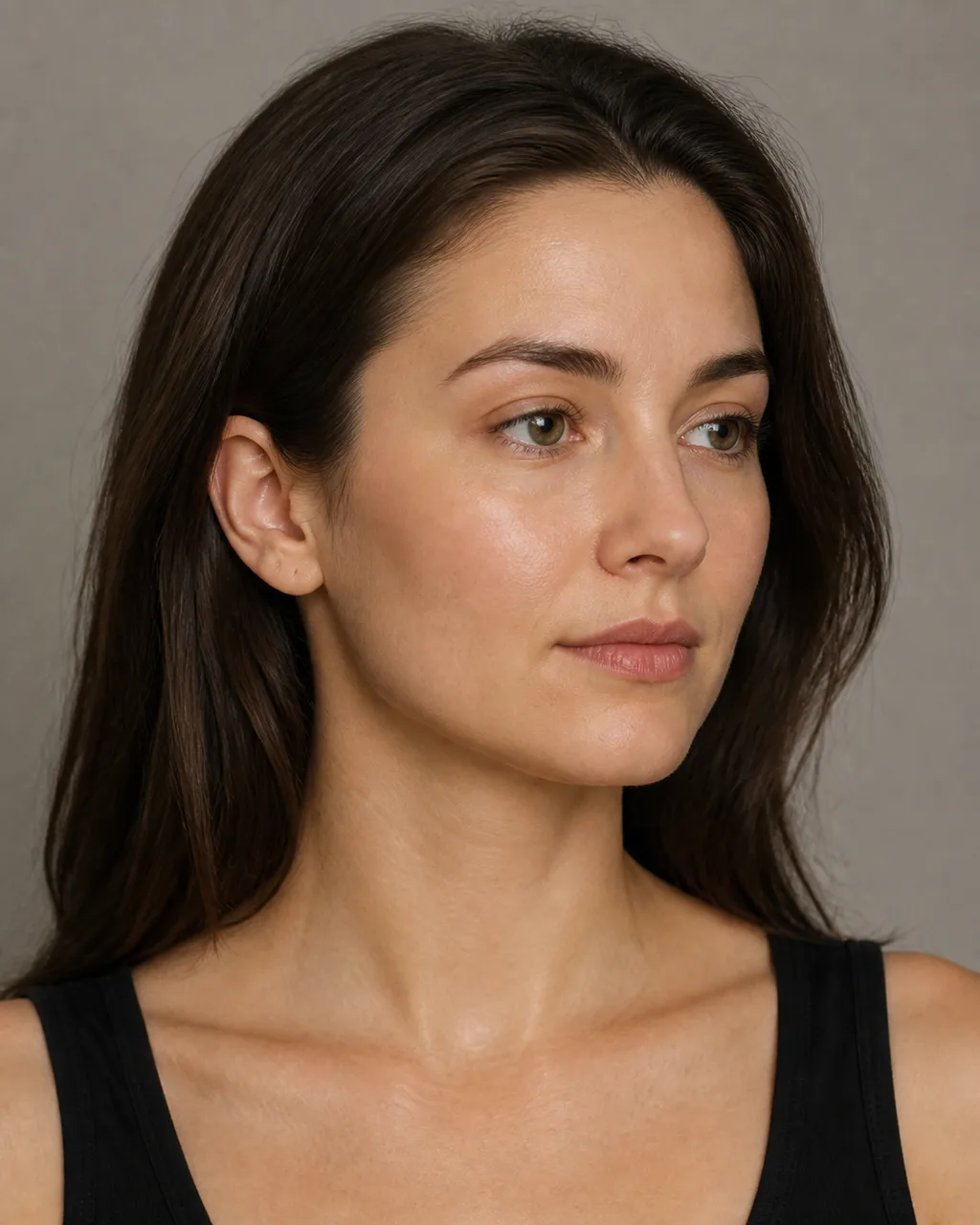 Minh họa cho “Nhấn đường hàm”: three-quarter portrait with a softly defined jawline.