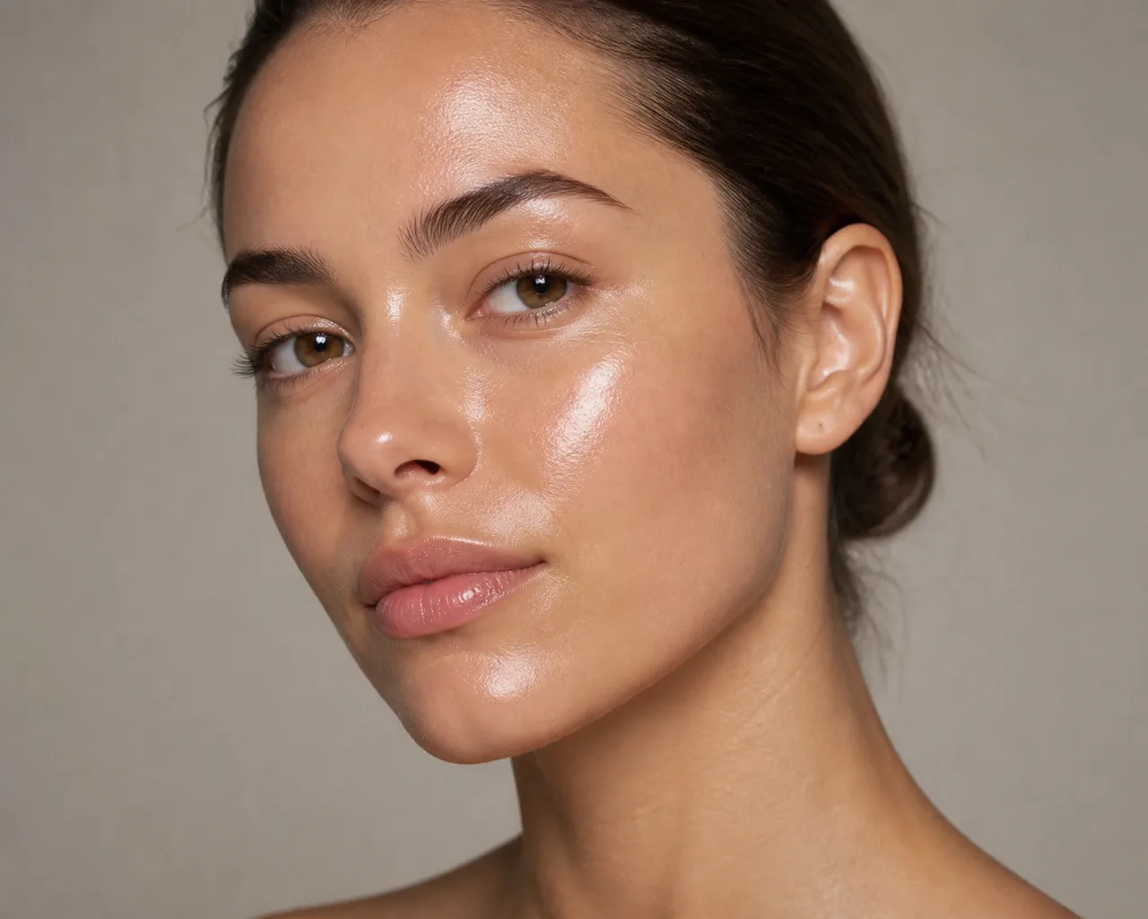 Minh họa cho “Độ bóng da”: dewy skin sheen with soft, controlled highlights.