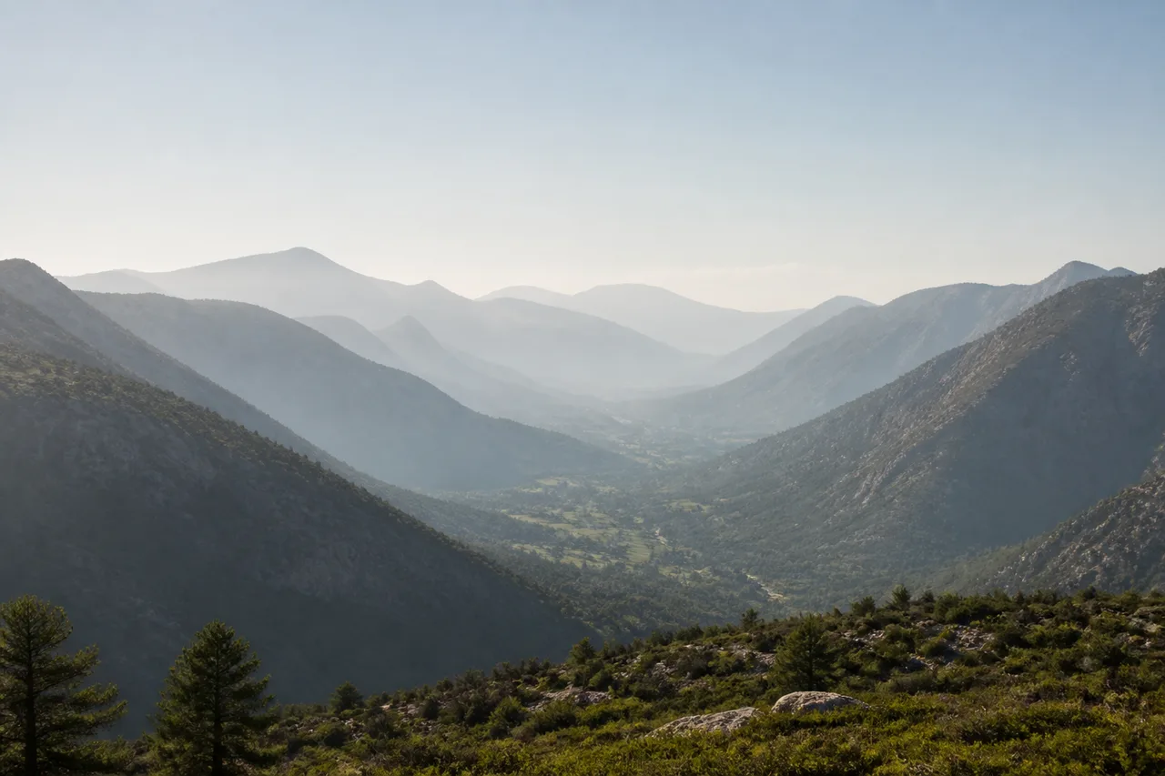 Minh họa cho “mờ sương nhẹ”: A valley with a softly hazy atmosphere.