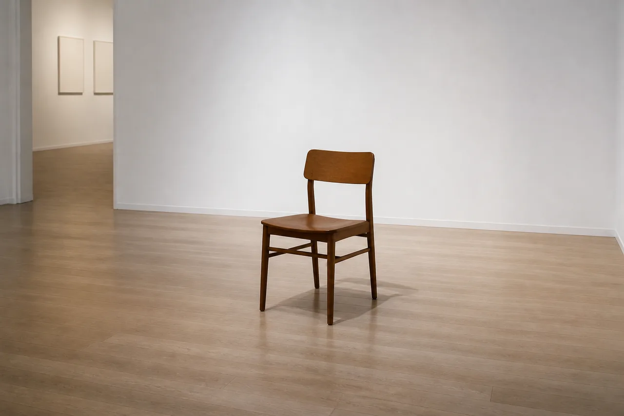 Minh họa cho “thưa thoáng”: A lone chair in a sparse gallery.