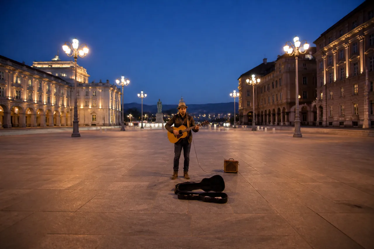 Minh họa cho “quảng trường đô thị”: A street musician in an open urban plaza at blue hour.