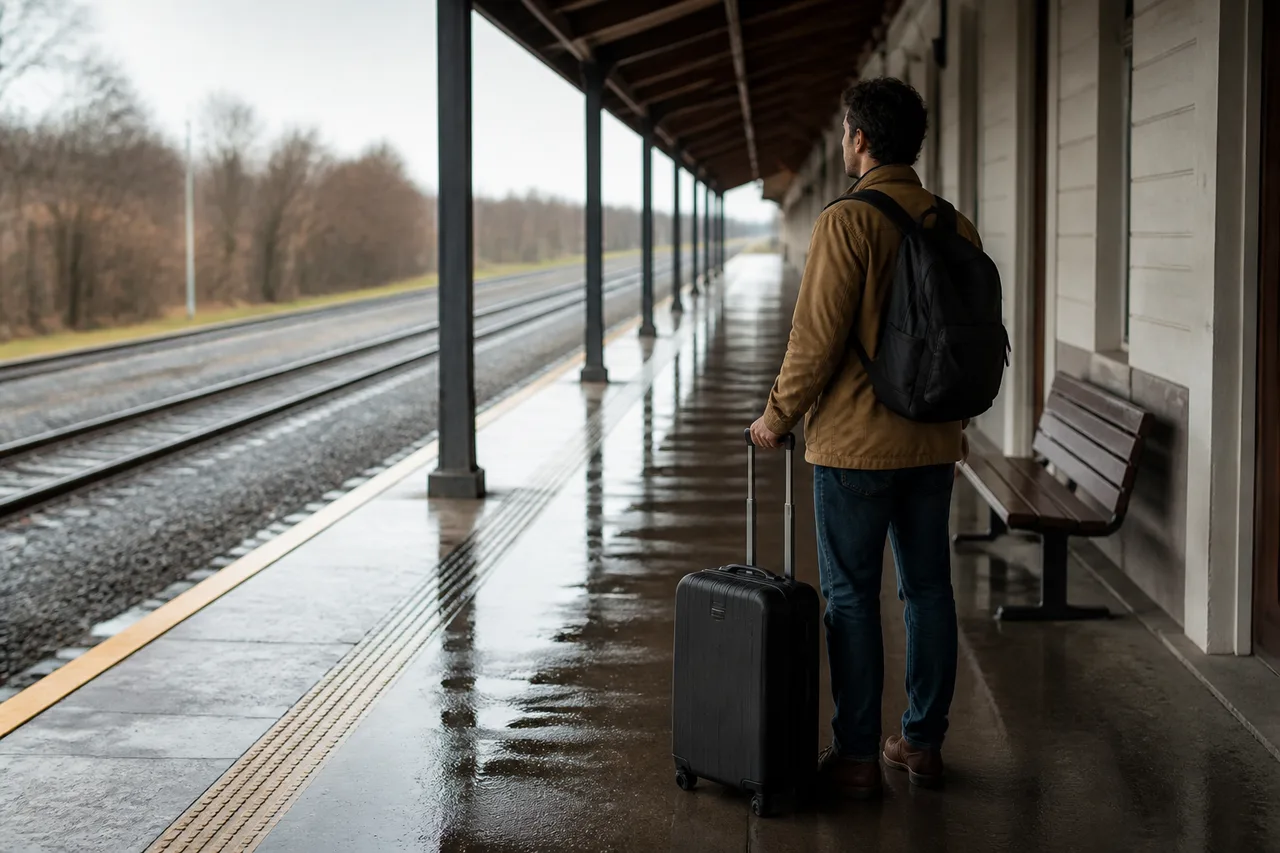 Minh họa cho “khoảnh khắc vừa đến”: A traveler pausing at an empty platform after arriving.