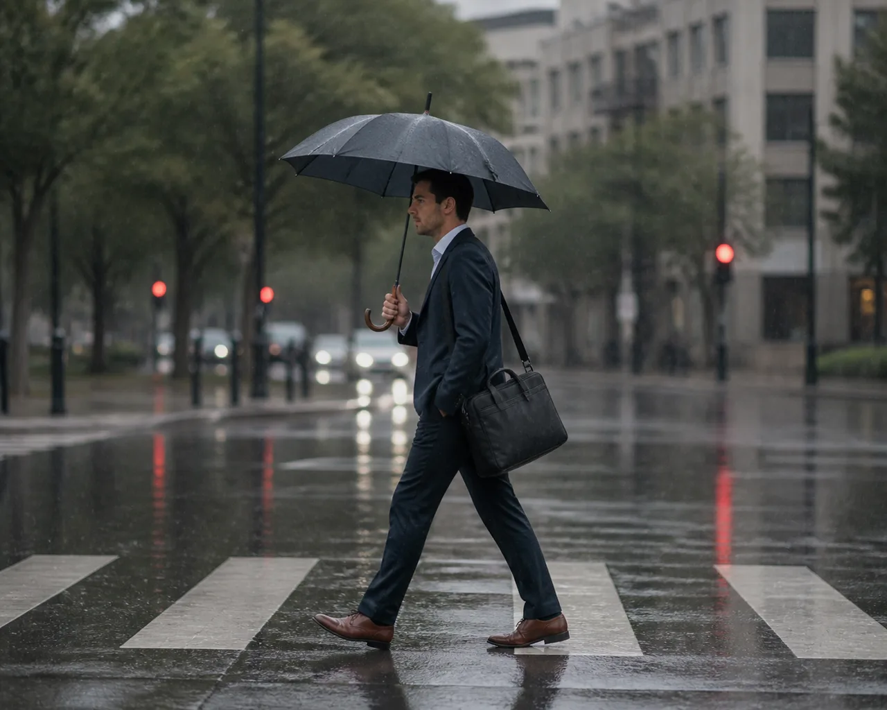 Minh họa cho “mưa nhẹ”: A commuter crossing the street in light rain.