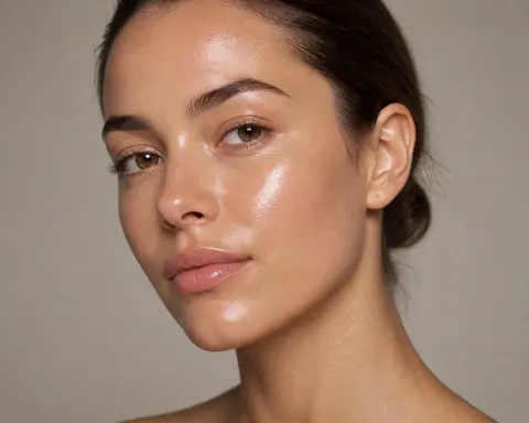 Minh họa cho “Độ bóng da”: dewy skin sheen with soft, controlled highlights.