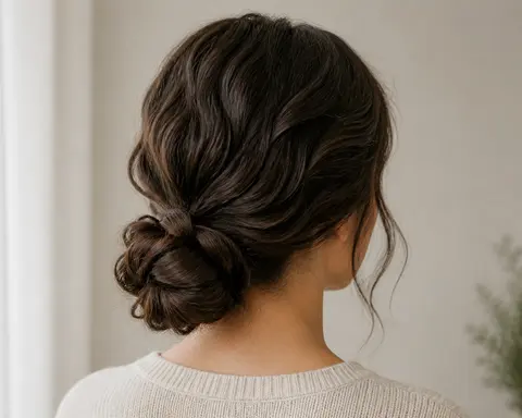 Minh họa cho “Kiểu tóc”: long wavy hair gathered into a low bun.