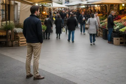 Minh họa cho “Vai trò kể chuyện”: an observer standing quietly at the edge of a busy market.