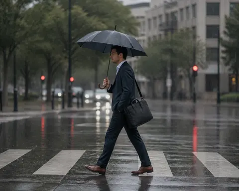 Minh họa cho “mưa nhẹ”: A commuter crossing the street in light rain.