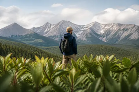 Minh họa cho “ba lớp tiền–trung–hậu cảnh”: Leaves in front, a person mid-frame, mountains behind.