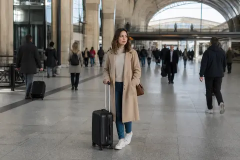 Minh họa cho “mật độ vừa”: A station concourse with moderate activity and one clear subject.