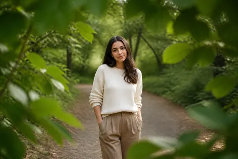 Minh họa cho “tiền cảnh che viền khung”: Leaves softly frame a person in the midground.