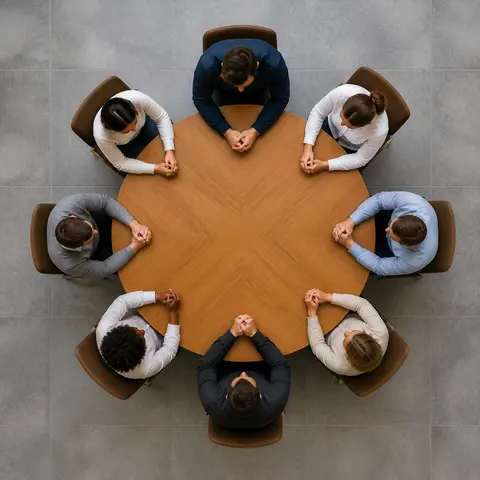 Minh họa cho “cân bằng tỏa tâm”: People arranged radially around a central table.