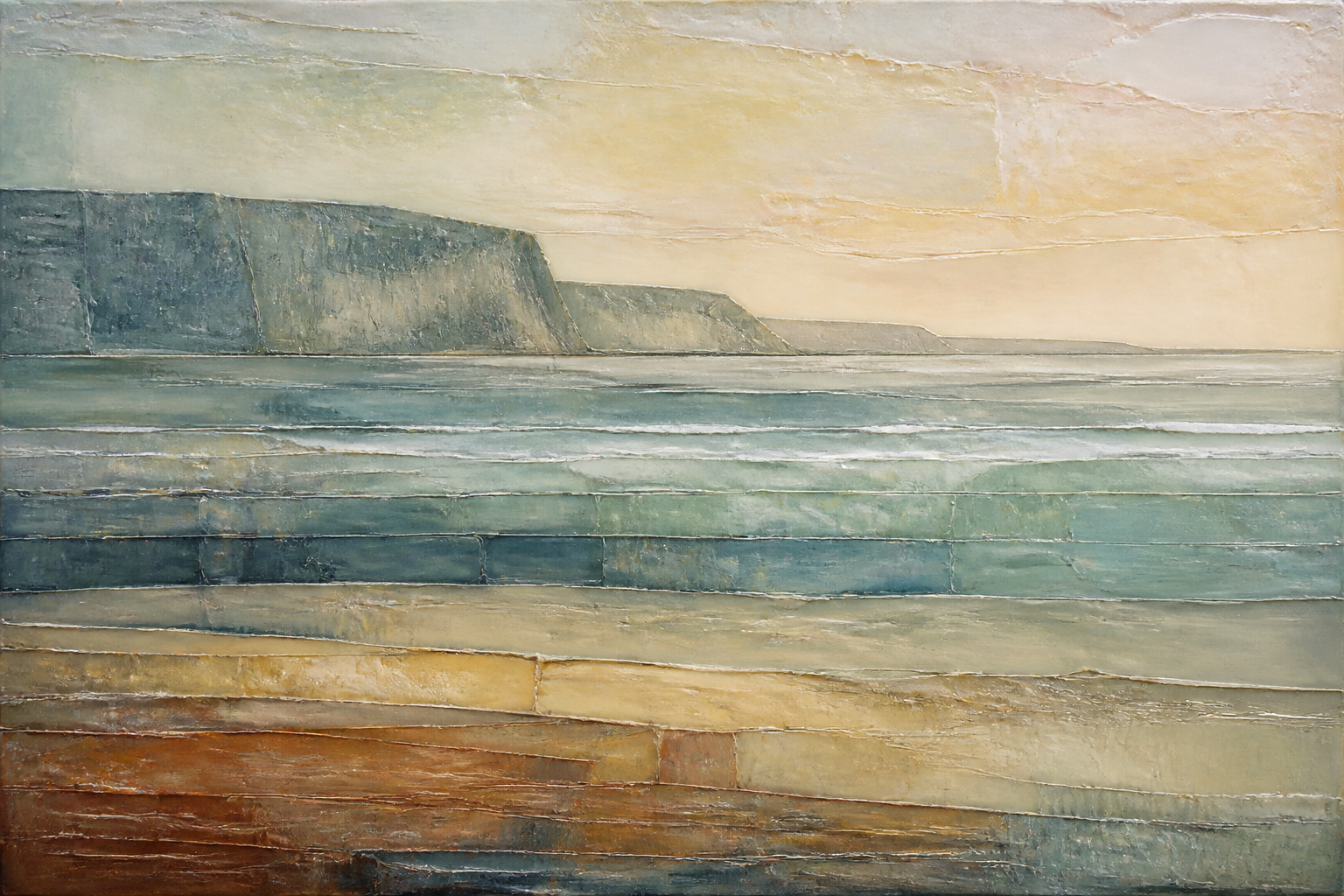 Phong cảnh bờ biển encaustic nhiều lớp với dải sáp trong, nét khắc, biển và vách đá nhạt.