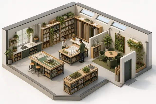 Mặt cắt 3D đẳng phối của studio thiết kế bền vững với bàn làm việc, kho vật liệu, cây xanh và hai người lớn cộng tác.