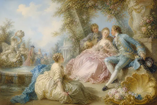 Buổi tụ họp trong vườn Rococo màu pastel với trang phục lụa, đài phun nước, hoa và họa tiết vỏ sò mạ vàng.