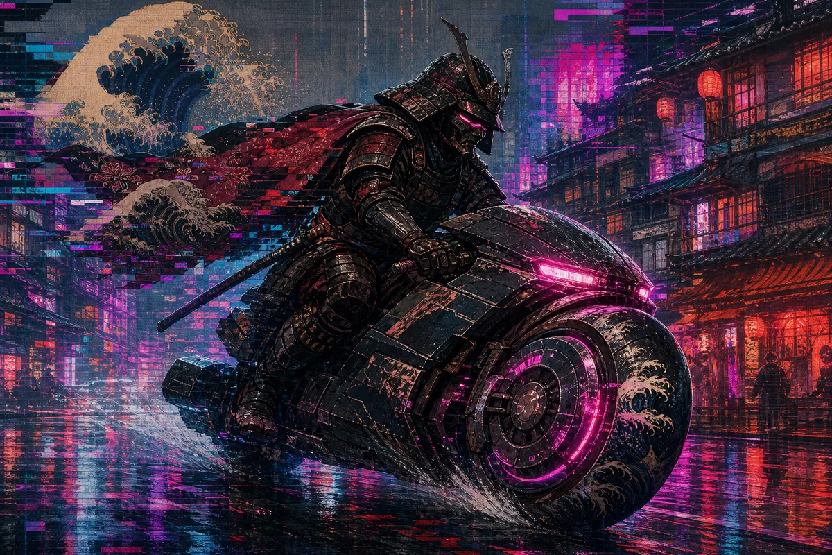 Cyberpunk + Ukiyo-e + Glitch Art — kết quả từ ChatGPT image generation (legacy atlas).