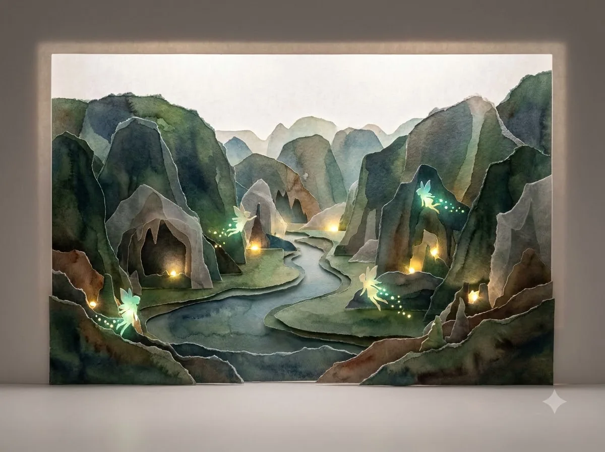 Paper Cut Craft + Watercolor + Fantasy Storybook — kết quả từ Gemini image generation through gflow-cli (legacy atlas).