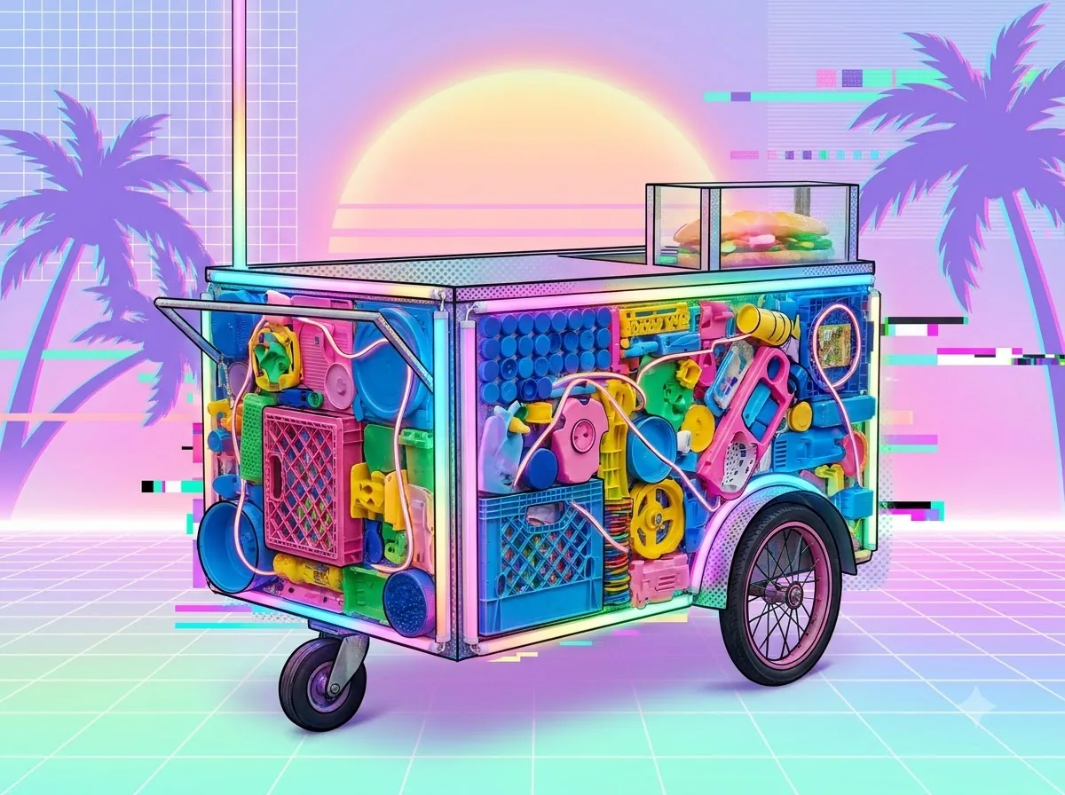 Pop Art + Vaporwave + Assemblage Art — kết quả từ Gemini image generation through gflow-cli (legacy atlas).