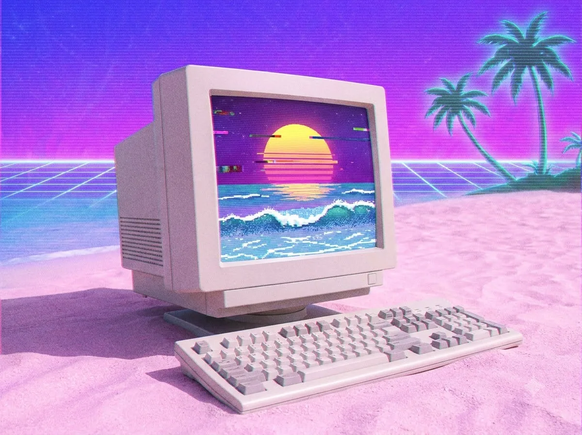 Vaporwave (        ＡＥＳＴＨＥＴＩＣ - Thẩm mỹ 1990s) — kết quả từ Gemini image generation through gflow-cli (legacy atlas).